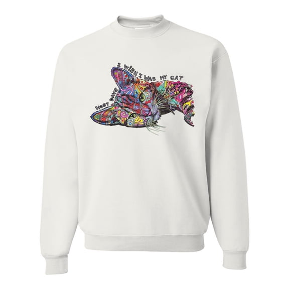 Tired Sleeping Cat | I Wish I Was My Cat Funny Colorful Kitty | Dean Russo Art Animal Lover Unisex Crewneck Sweatshirt, White, X-Large