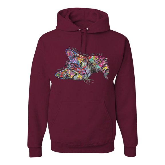 Tired Sleeping Cat | I Wish I Was My Cat Funny Colorful Kitty | Dean Russo Art Animal Lover Unisex Hoodie Sweatshirt, Maroon, 3X-Large