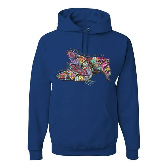 Tired Sleeping Cat | I Wish I Was My Cat Funny Colorful Kitty | Dean Russo Art Animal Lover Unisex Hoodie Sweatshirt, Royal, X-Large