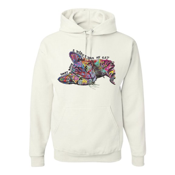 Tired Sleeping Cat | I Wish I Was My Cat Funny Colorful Kitty | Dean Russo Art Animal Lover Unisex Hoodie Sweatshirt, White, Large