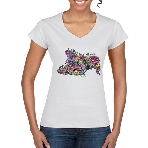 Tired Sleeping Cat | I Wish I Was My Cat Funny Colorful Kitty | Dean Russo Art Animal Lover Women's Standard V-Neck Tee, White, X-Large