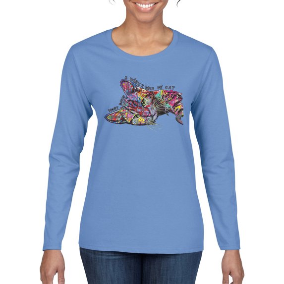 Tired Sleeping Cat | I Wish I Was My Cat Funny Colorful Kitty | Dean Russo Art Animal Lover Womens Long Sleeve T-Shirt, Light Blue, Large