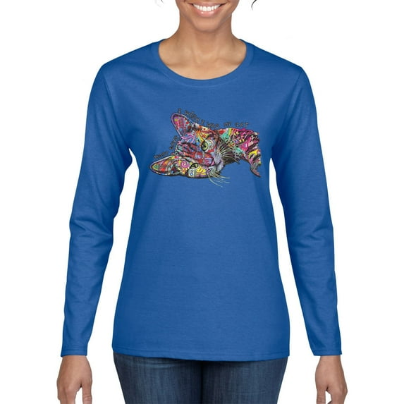 Tired Sleeping Cat | I Wish I Was My Cat Funny Colorful Kitty | Dean Russo Art Animal Lover Womens Long Sleeve T-Shirt, Royal, X-Large