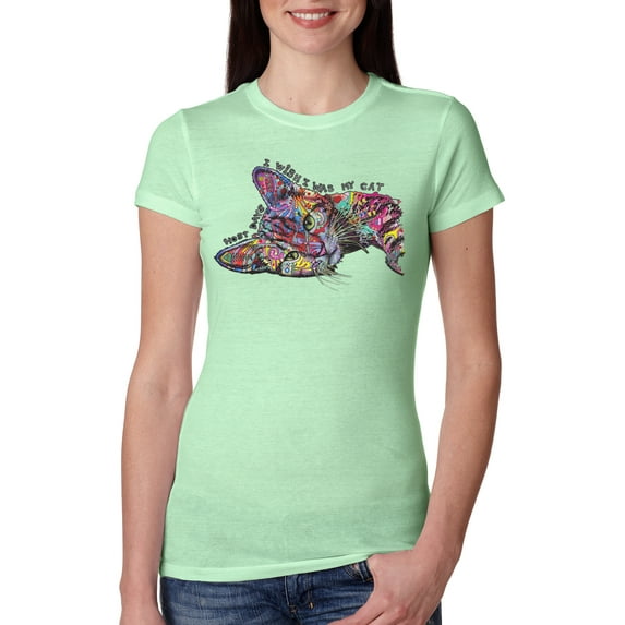Tired Sleeping Cat | I Wish I Was My Cat Funny Colorful Kitty | Dean Russo Art Animal Lover Womens Slim Fit Junior Tee, Mint, Medium