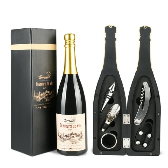 Tirrina Wine Opener Set  Corkscrew Opener Kit Seahorse Knife, Wine Stopper, Drip Stopper Ring, Decanter, Tin Knife in Novelty Champagne Bottle-Shaped  for Party Wedding Gift, Black