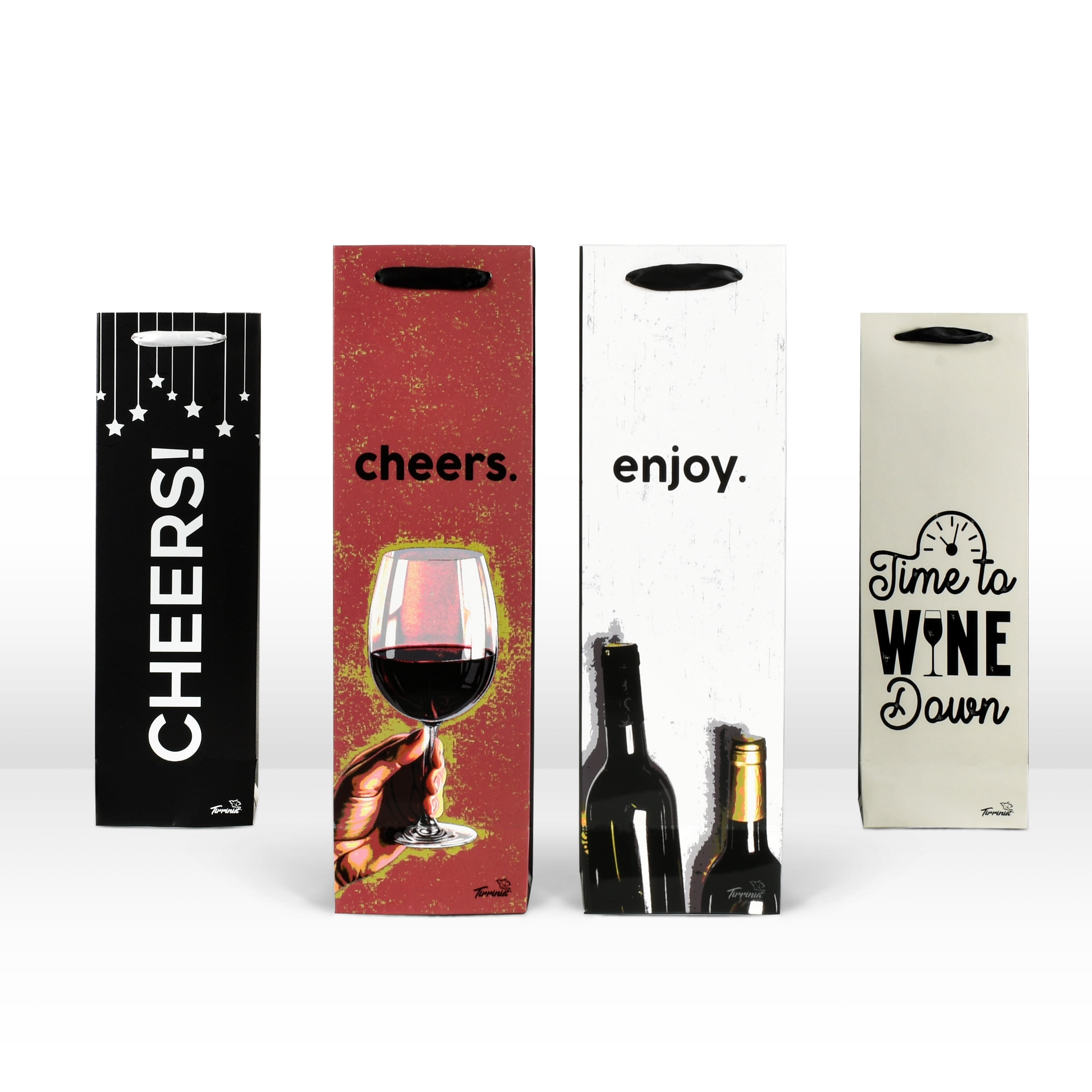 Tirrinia 12pcs Black Paper Wine Gift Bags with Silk Handles