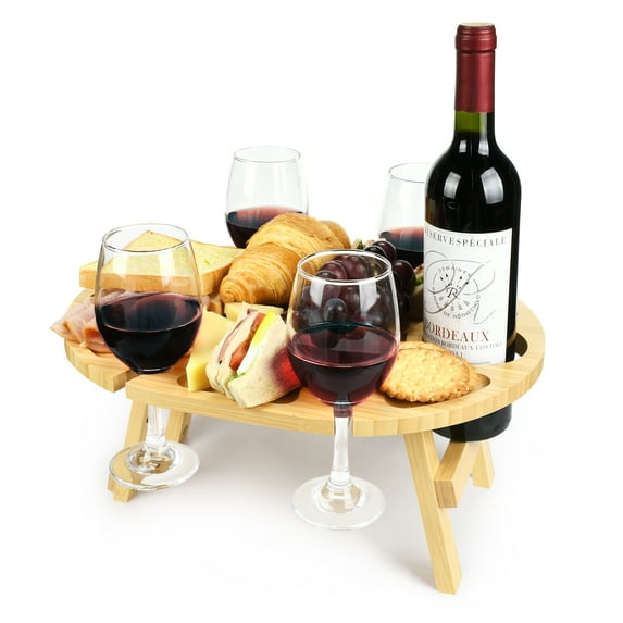 Tirrinia Bamboo Wine Picnic Table, Wine Lover Gift, Large Folding Portable Tray, 4 Glasses Holder