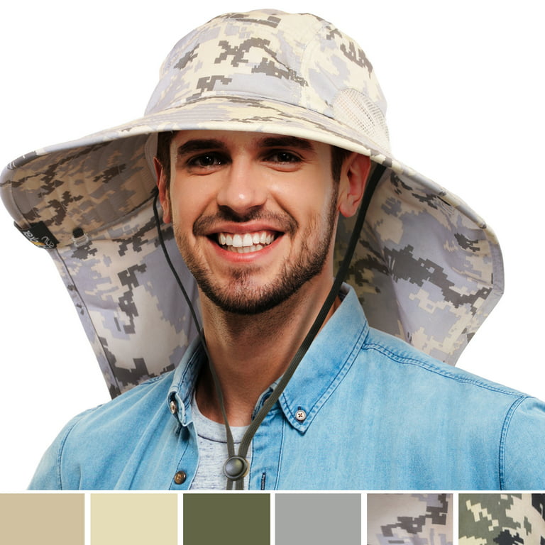 Tirrinia Camo Mens Sun Hat Wide Brim Safari Hunting Military Jungle Desert  Cap with Neck Flap, Digital Grey