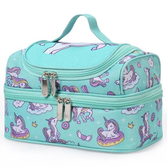 Tirrinia Double Decker Insulated Lunch Bag for Girls Teens, Thermal Lunch Box with Top Snack Compartment, Reusable Cooler Tote for School Picnic, Green Unicorn