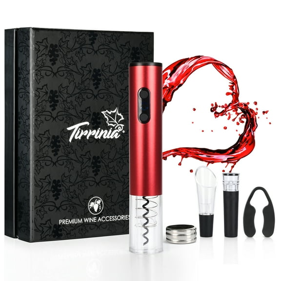 Tirrinia Electric Wine Opener Set 5-in-1, Wine Bottle Cork Remover Accessory Tool Kit with Wine Aerator Pourer,Foil Cutter, Drip Ring and Vacuum Stopper, Perfect Wine Gift, Red