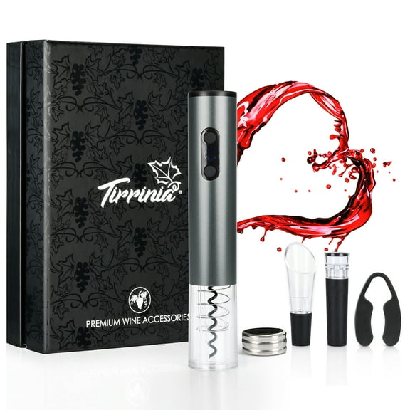 Tirrinia Electric Wine Opener Set 5-in-1, Wine Bottle Cork Remover Accessory Tool Kit with Wine Aerator Pourer,Foil Cutter, Drip Ring and Vacuum Stopper, Perfect Wine Gift, Gray