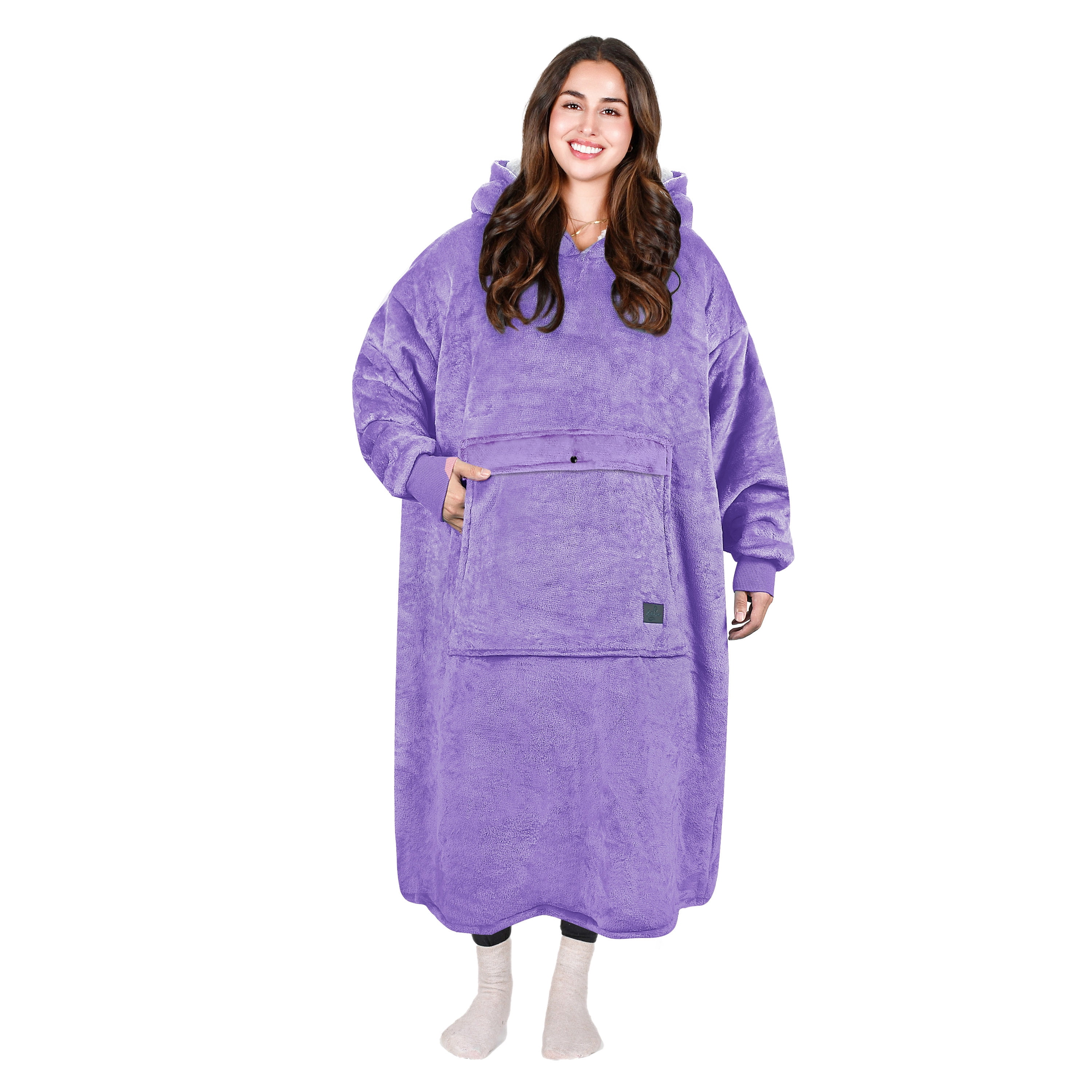 Tirrinia Extra long Oversized Hoodie Blanket Sweatshirt Comfortable Sherpa Giant Wearable Blankets Christmas Gifts for Adults Men Women Teenagers Wife Girlfriend Purple