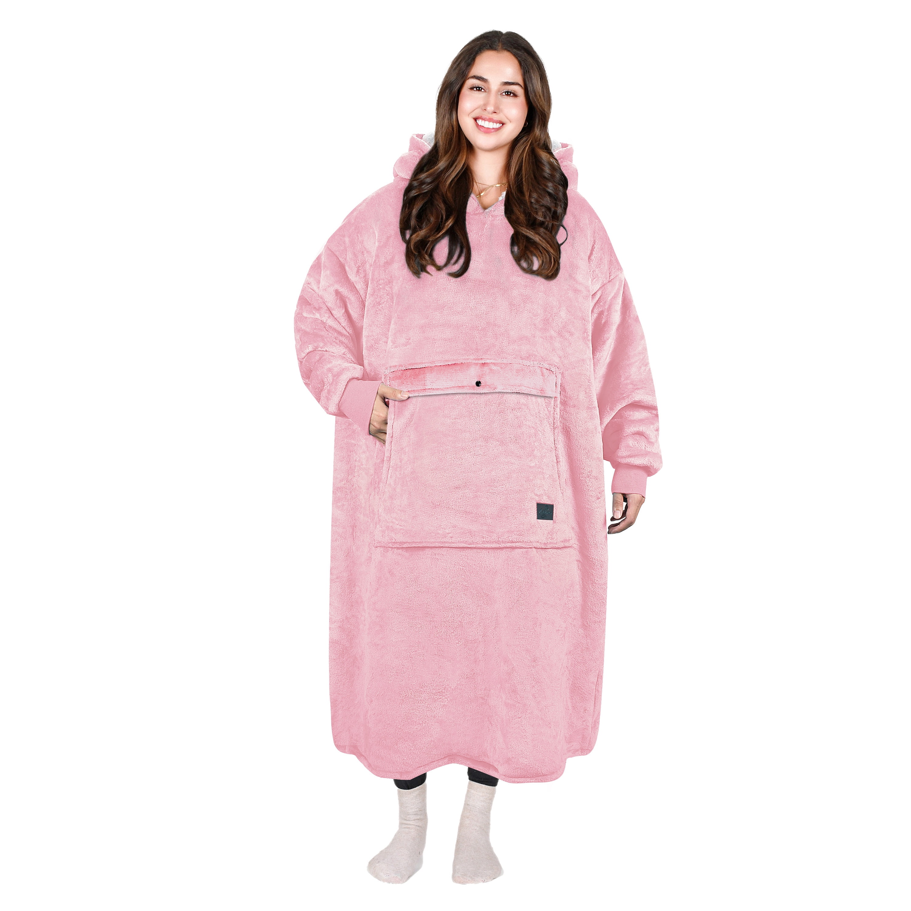 Tirrinia Extra long Oversized Hoodie Blanket Sweatshirt Comfortable Sherpa Giant Wearable Blankets Christmas Gifts for Adults Men Women Teenagers Wife Girlfriend Pink