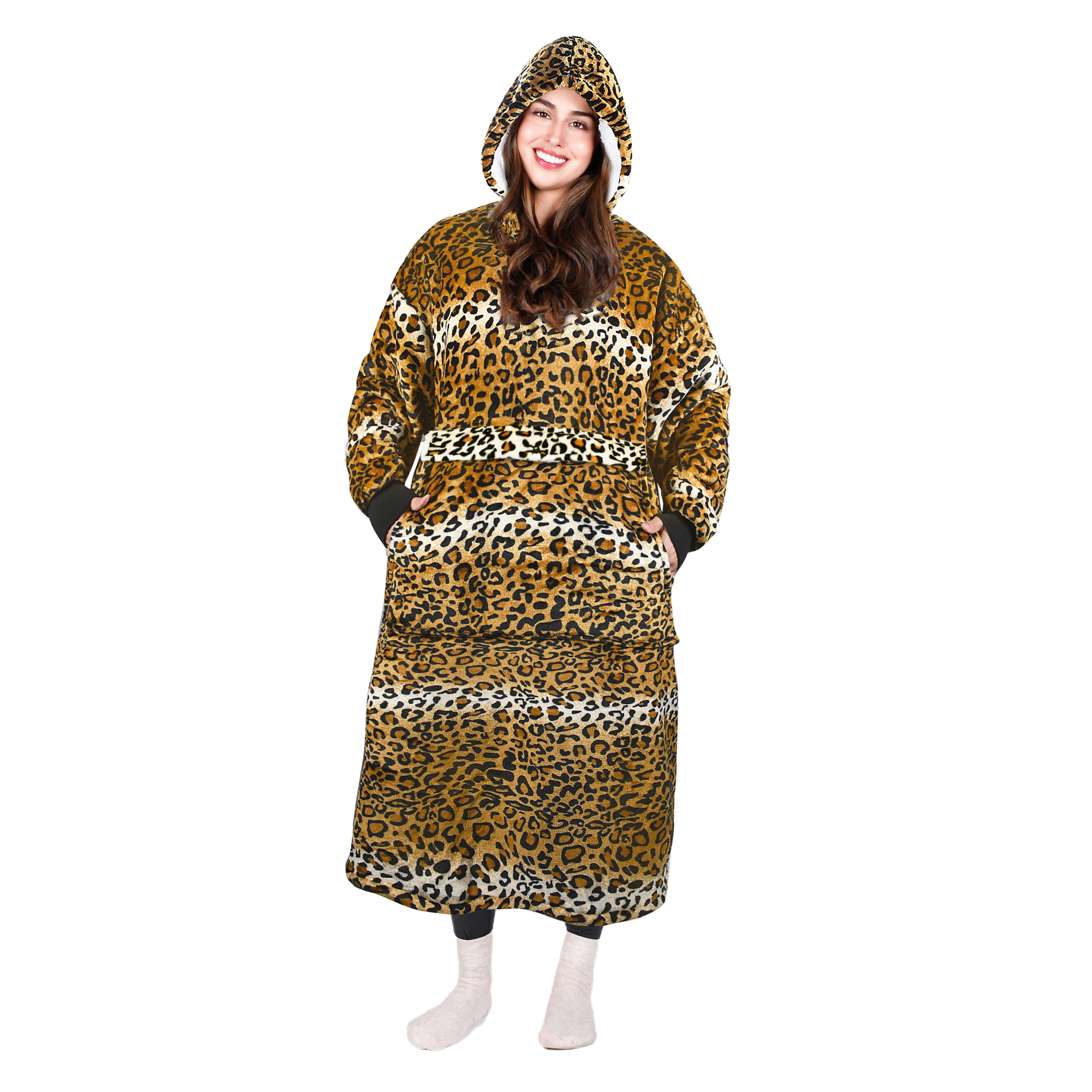 Tirrinia Extra long Oversized Hoodie Blanket Sweatshirt Comfortable Sherpa Giant Wearable Blankets Christmas Gifts for Adults Men Women Teenagers Wife Girlfriend Cheetah