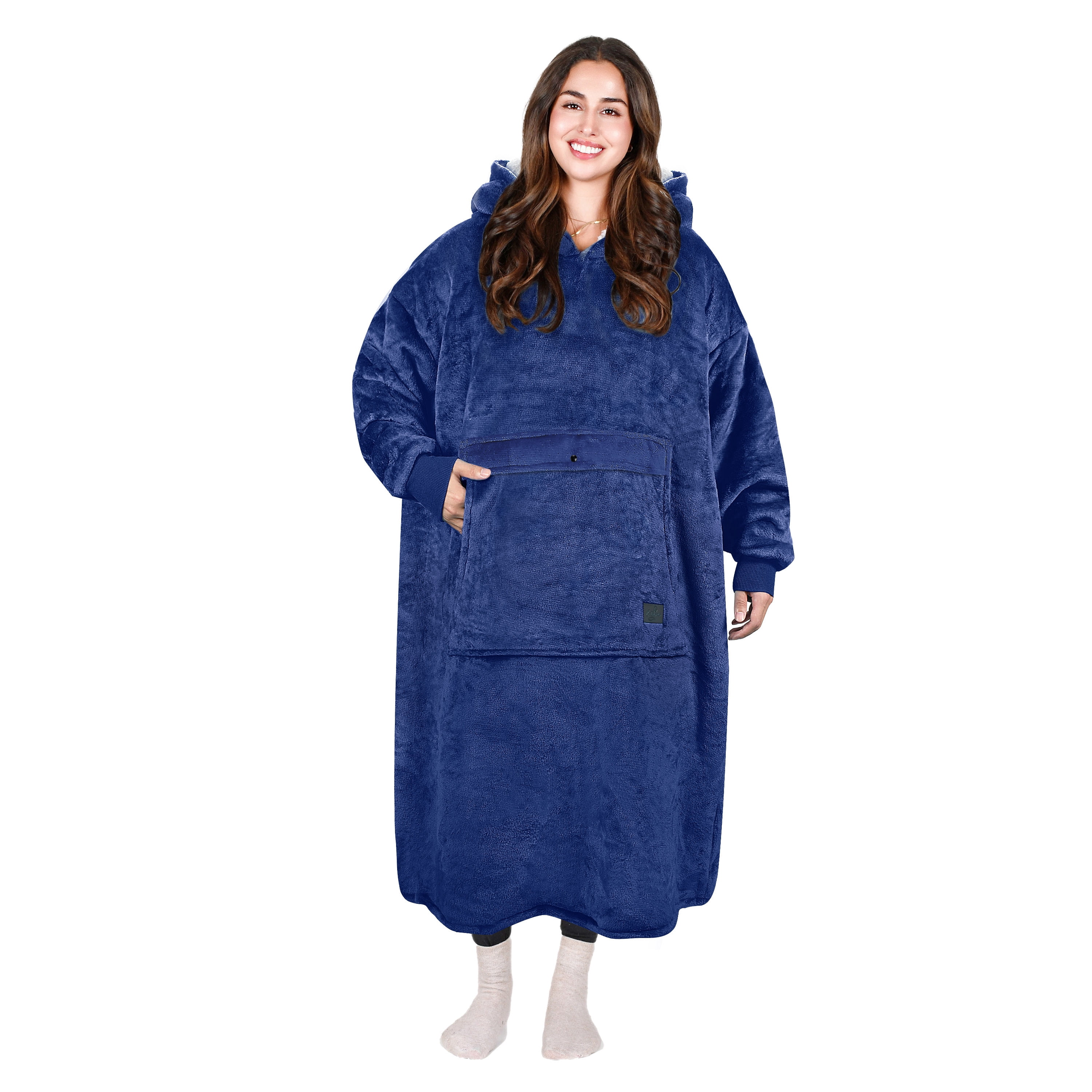 Tirrinia Extra long Oversized Hoodie Blanket Sweatshirt Comfortable Sherpa Giant Wearable Blankets Christmas Gifts for Adults Men Women Teenagers Wife Girlfriend Navy