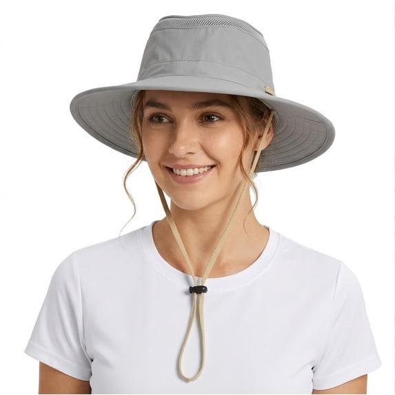 Tirrinia Fishing Hiking Hat for Women Safari Sun Hat Wide Brim Camping Hiking Fishing Hunting Boating Safari Cap with Adjustable Drawstring Boonie UPF 50+ Grey