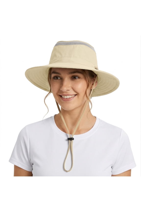 Tirrinia Fishing Hiking Hat for Women Safari Sun Hat Wide Brim Camping Hiking Fishing Hunting Boating Safari Cap with Adjustable Drawstring Boonie UPF 50+ Tan