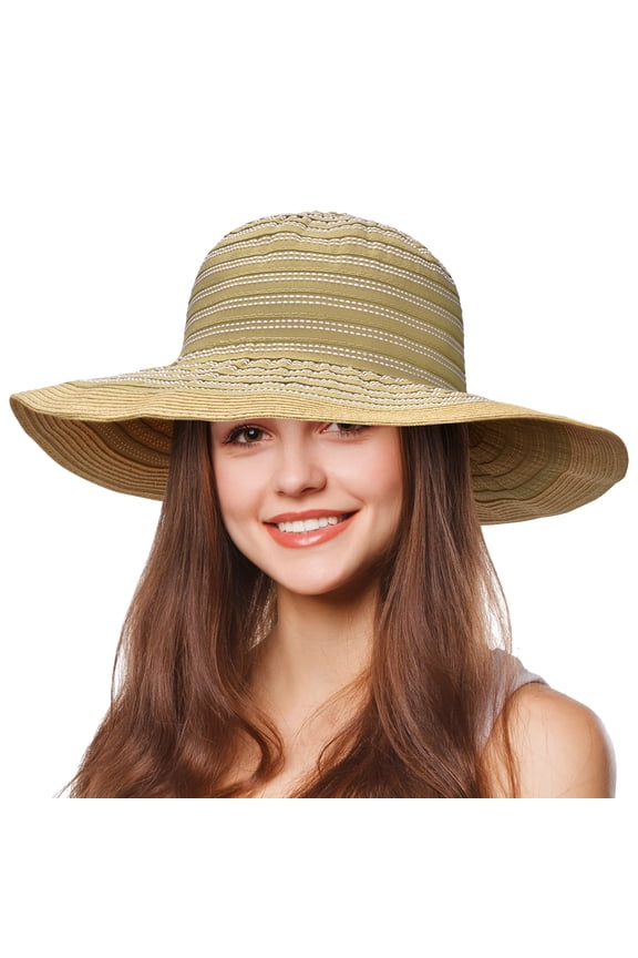 Floppy Straw Sun Hat for Women Striped Foldable Beach Cap with Wide Brim Tan