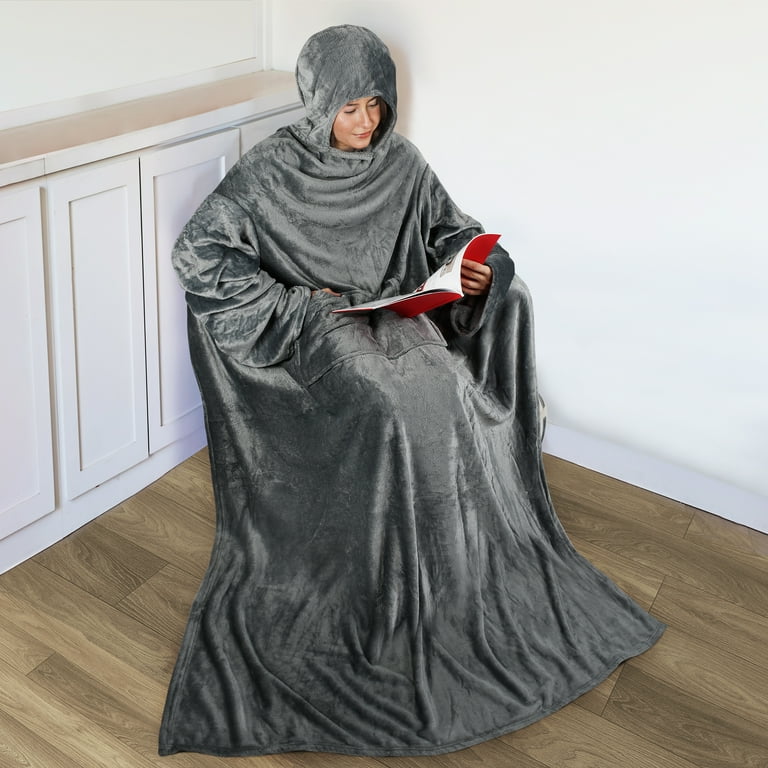 Tirrinia Hood Wearable Fleece Blanket with Sleeves for Adult Women