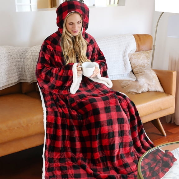 Tirrinia Hooded Sherpa Throw Blanket for All Ages, Red Plaid, Unisex, 72"x55", 3.88 Lb, Imported