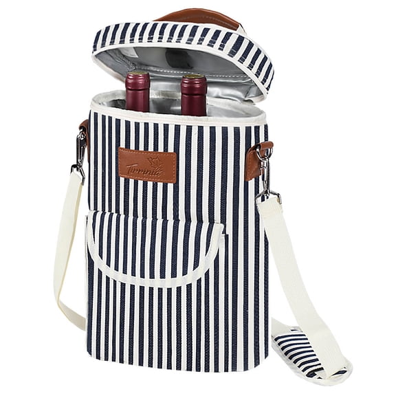 Tirrinia Insulated 2 Bottle Wine Carrier Tote Cooler Bag for Travel Picnic Padded Champagne Glass Carrying Case