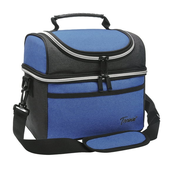 Tirrinia Insulated Lunch Box for Men Women, Leakproof Thermal Bento Lunch Bag Cooler Tote, Dual Compartment with Shoulder Strap, 10.3" x 7.5" x 8.6", Black & Blue