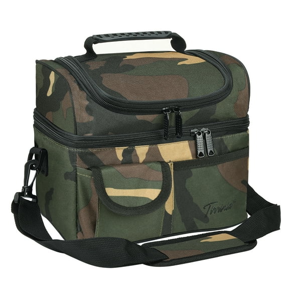 Tirrinia Insulated Lunch Box for Men Women, Leakproof Thermal Bento Lunch Bag Cooler Tote, Dual Compartment with Shoulder Strap, 10.3" x 7.5" x 8.6", Camo