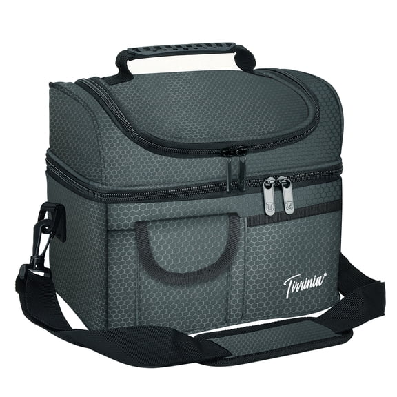 Tirrinia Insulated Lunch Box for Men Women, Leakproof Thermal Bento Lunch Bag Cooler Tote, Dual Compartment with Shoulder Strap, 10.3" x 7.5" x 8.6", Gray