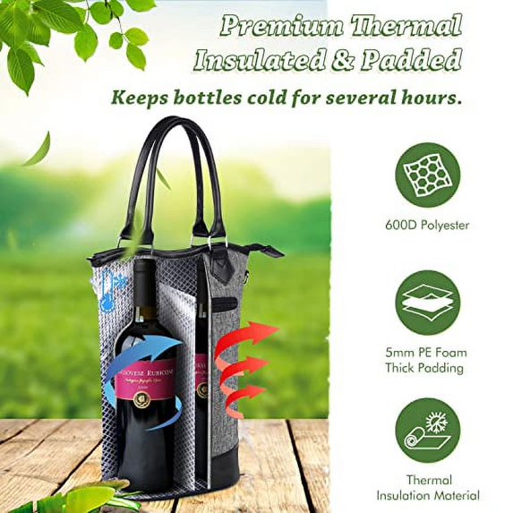Tirrinia Insulated Wine Gift Carrier Tote - Travel Padded 2 Bottle Wine/Champagne Cooler Bag for Portable Wine Bottle Carrying Case, Women Men Event party, Valentine's Day gift for wine lovers