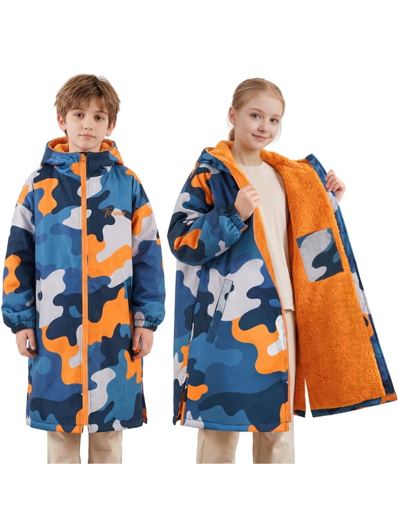 Kids Swim Parka Blue Camouflage Sherpa Lined Hooded Water Resistant