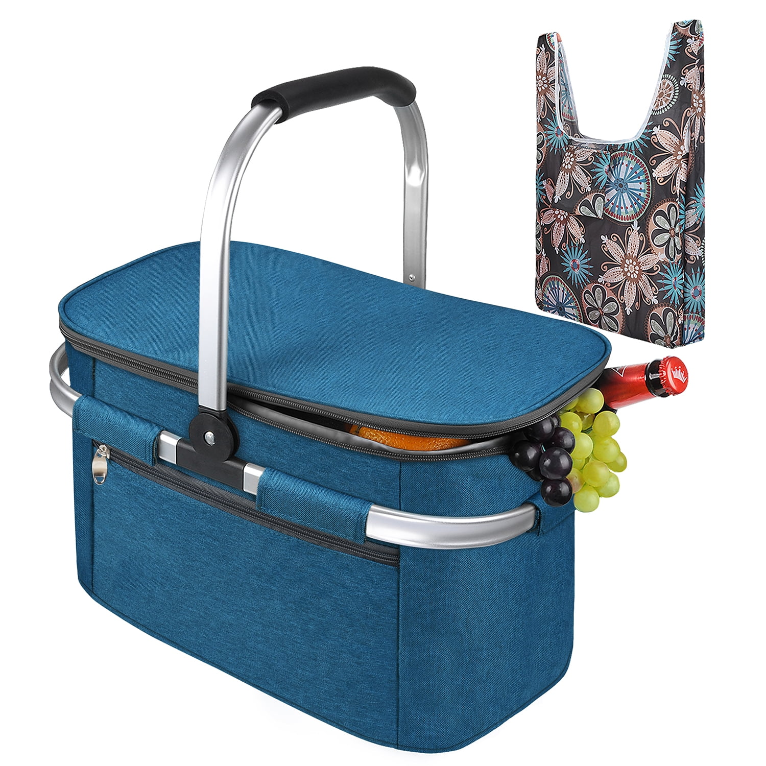 Large Blue Insulated Picnic Basket with Metal Handle, 34L