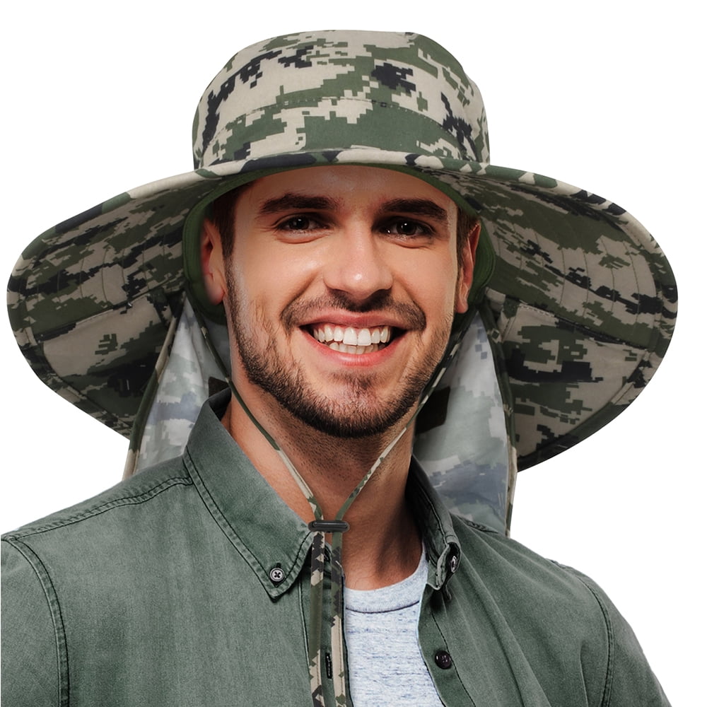 Tirrinia Mens Sun Hat with Neck Flap Wide Brim Fishing Safari Hunting Cap  Camo | Flex Caps