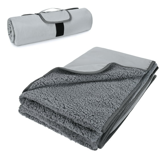 Tirrinia Outdoors Waterproof Throw Blanket, Stadium Windproof Sherpa Fleece Blanket for Traveling, Camping, Hiking, and Football, Machine Washable, Light Grey, 60'' x 80''