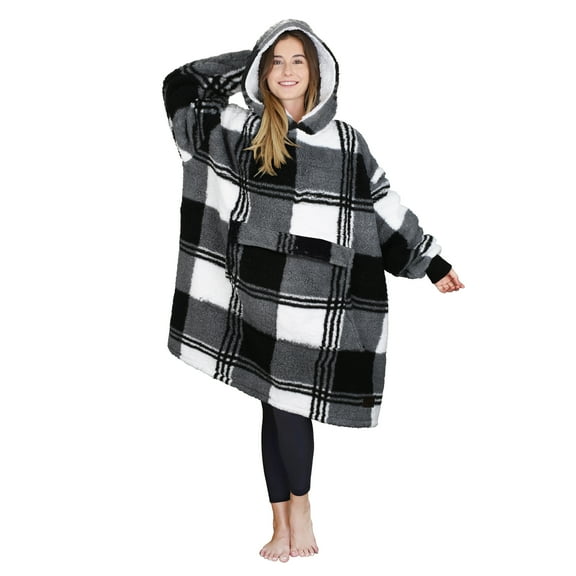 Tirrinia Oversized Blanket Hoodie, Wearable Fluffy Sherpa Blanket, Cozy Sweatshirt Blanket Gift for Adult Women Men Girlfriend, Black Plaid