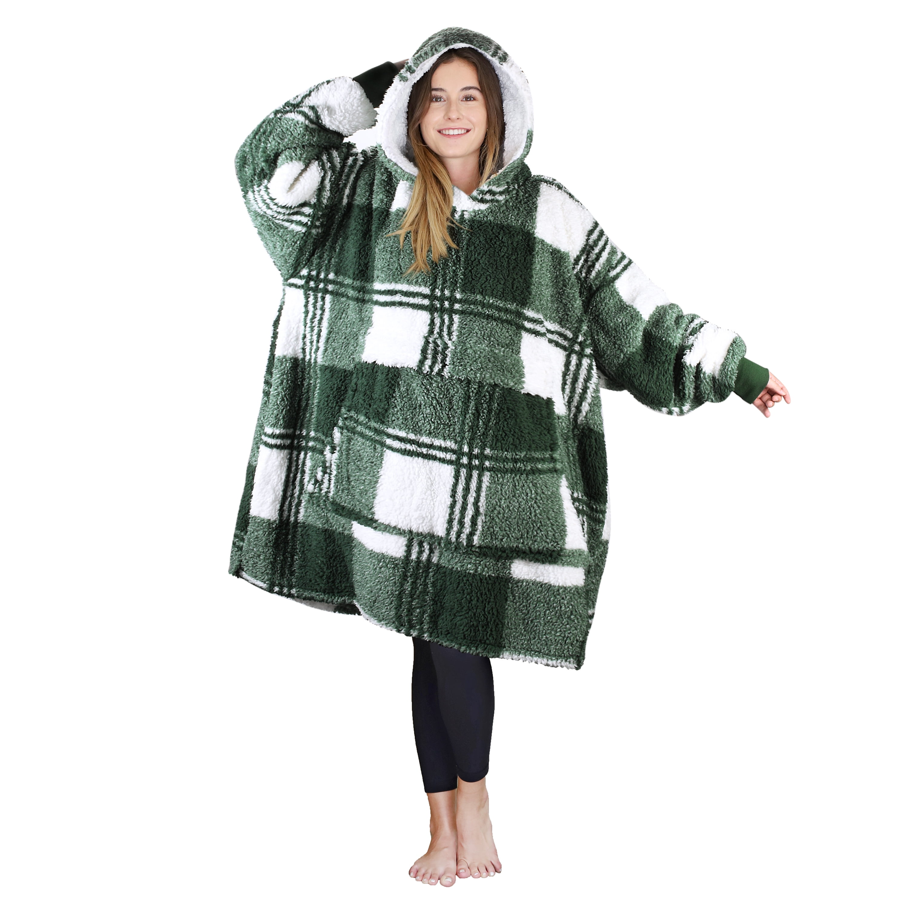 Tirrinia Oversized Blanket Hoodie, Wearable Fluffy Sherpa Blanket, Cozy Sweatshirt Blanket Gift for Adult Women Men Girlfriend, Black Plaid