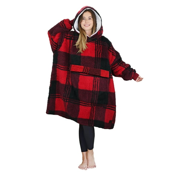 Tirrinia Oversized Blanket Hoodie, Wearable Fluffy Sherpa Blanket, Cozy Sweatshirt Blanket Gift for Adult Women Men Girlfriend, Black Plaid