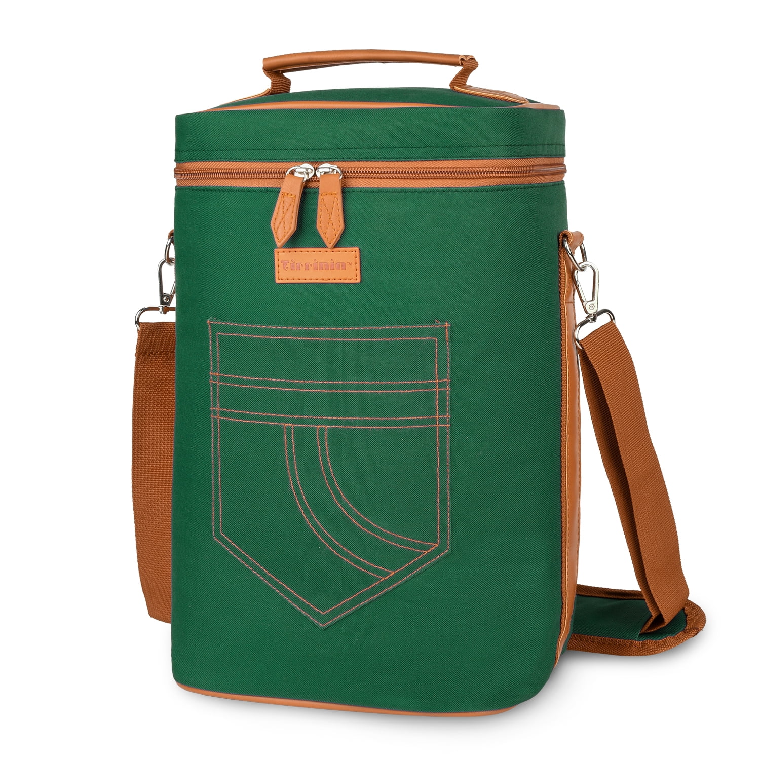 Green Insulated 4-Bottle Wine Cooler Tote Bag with Leather Handles