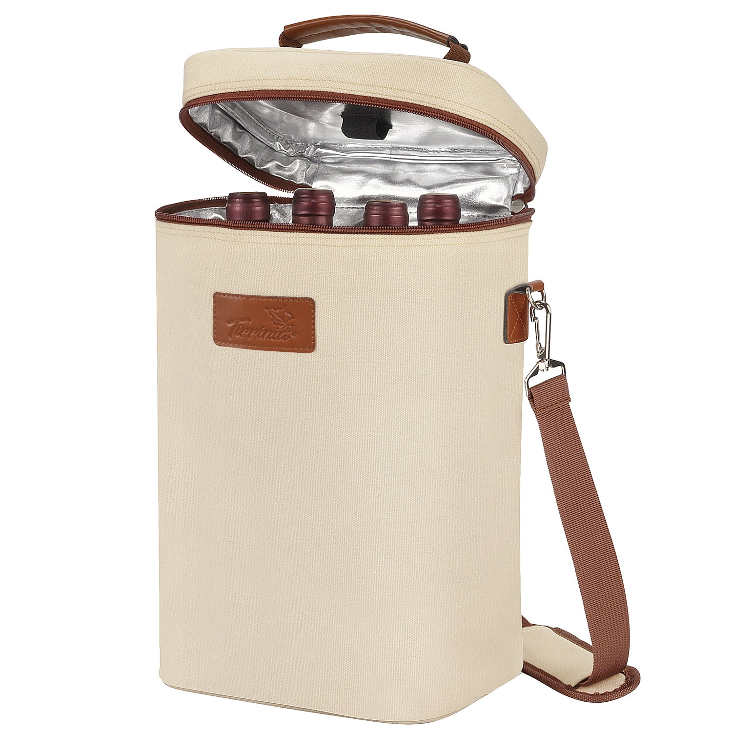 Beige 4-Bottle Insulated Canvas Wine Carrier Tote