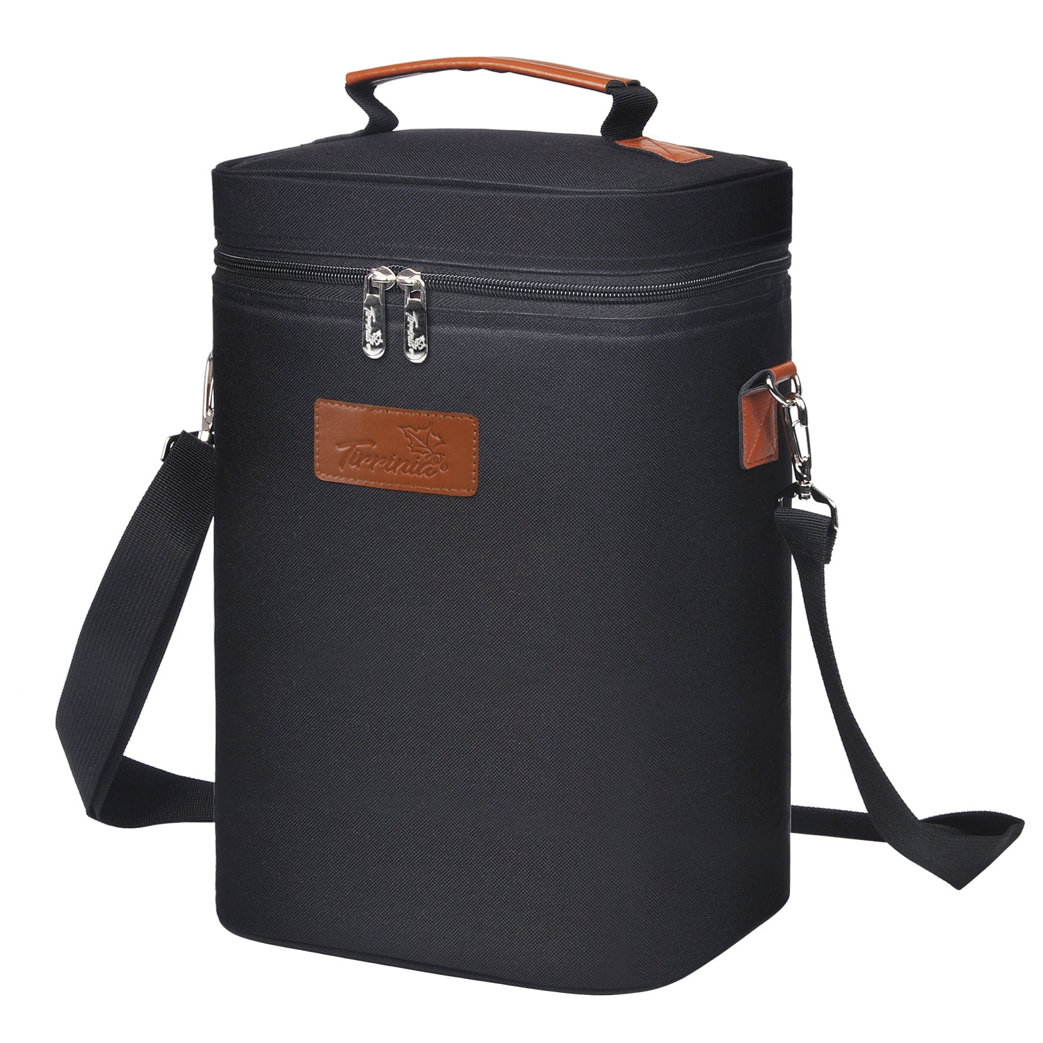 Black Insulated 4-Bottle Wine Carrier Tote with Leather Handle