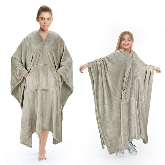 Tirrinia Poncho Blanket, Super Soft, Comfy, Plush Wearable Fleece Blanket for Women, Men and Kids, Camel, 55'' x 80''