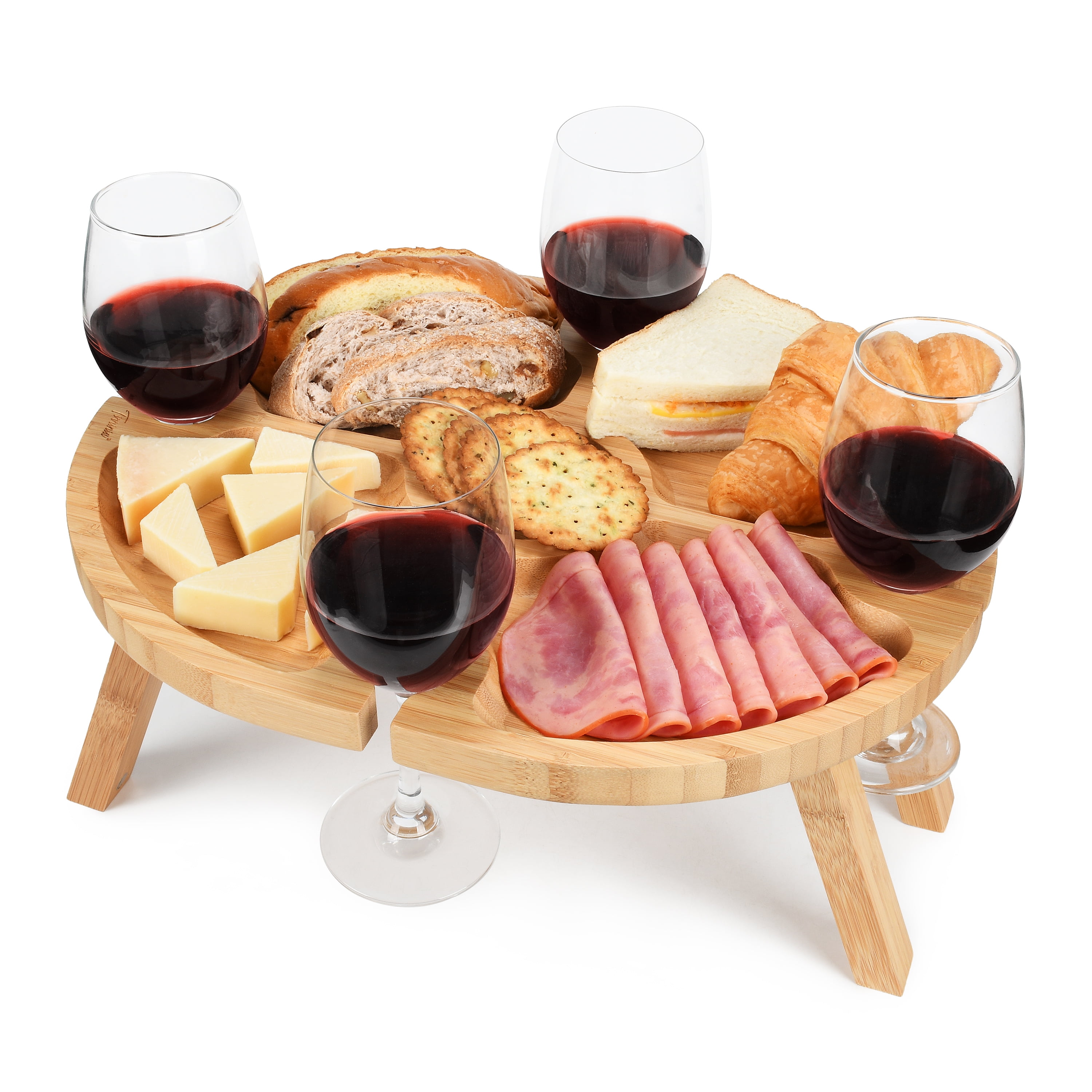 Foldable Bamboo Picnic Table with Wine Glass Holders, 15.7" x 12.5"