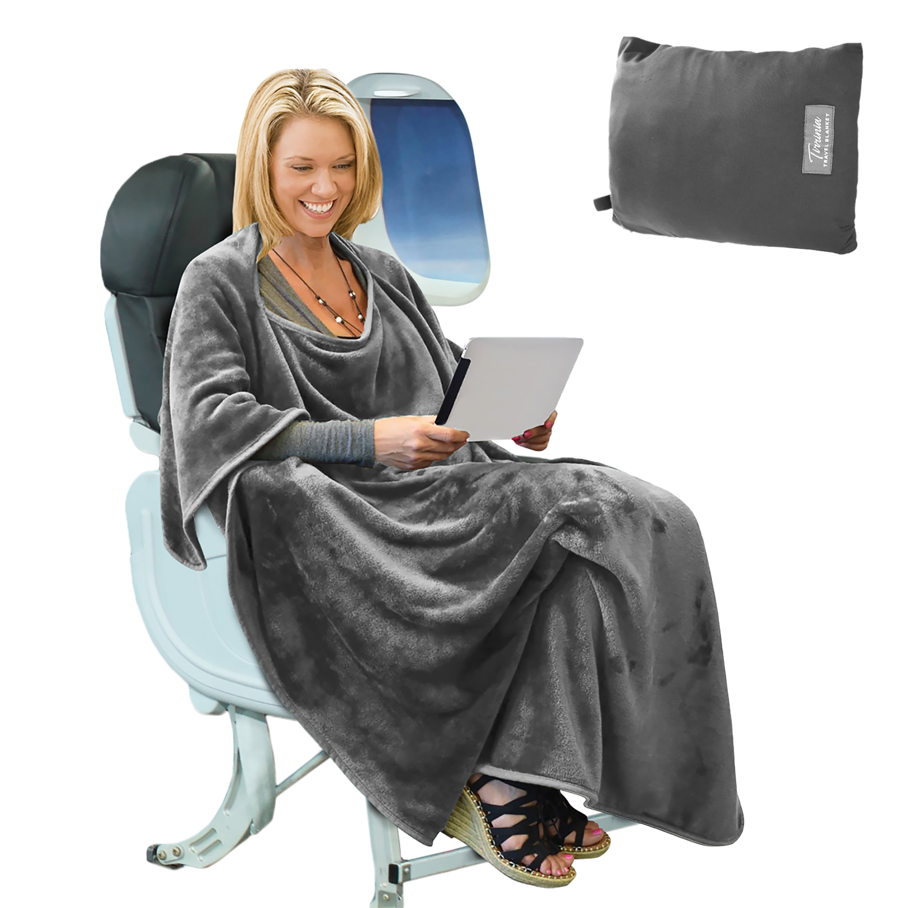 Tirrinia Portable Travel Blanket Airplane Office 4 in 1 Premium Mink Fleece  Poncho Blanket Folable with Pocket and Built-in Bag-Great for Airplane Car  Train Travel Camping, 60x40, Gray 