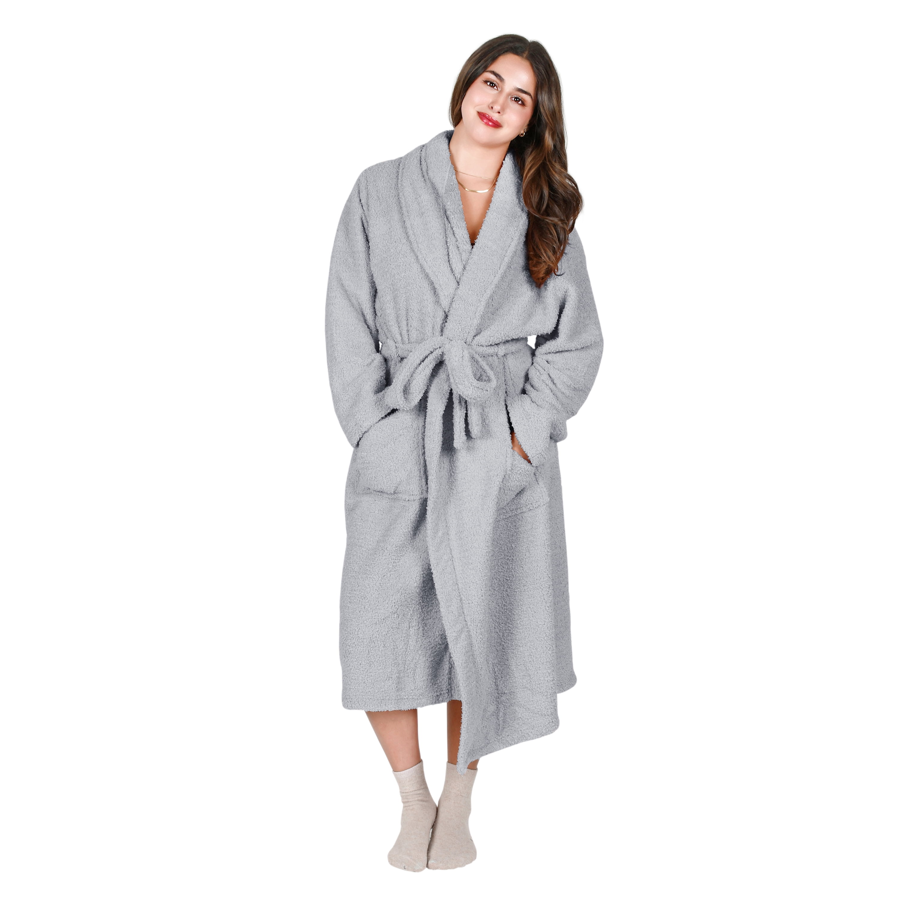 Medium Gray Plush Fleece Long Bathrobe with Pockets