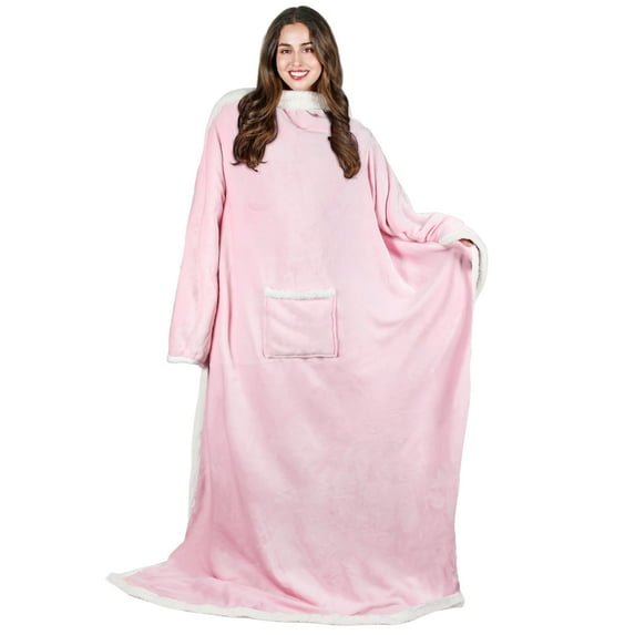 Tirrinia Sherpa Pink Wearable Blanket for Adult Women, Men, Girlfriend, Super Soft Comfy Warm Plush Reading Throw with Sleeves TV Blanket Wrap Robe Cover for Sofa, 72" x 55"