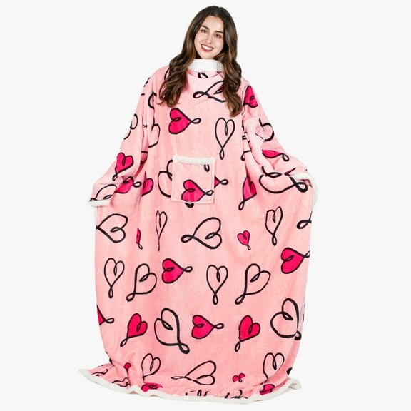Tirrinia Sherpa Throw Blanket Snuggie with Long Sleeves for Women Anniversary Christmas Gifts,Soft Cozy Warm TV Blanket Wrap Robe Cover for Sofa, Couch 72" x 55" Pink Love Art