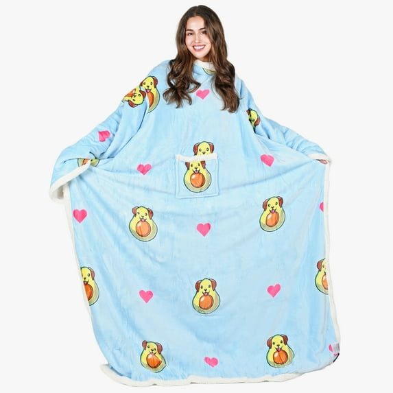 Tirrinia Sherpa Wearable Blanket for Adult Women and Men, Super Soft Comfy Warm Plush Throw with Sleeves, TV Blanket, Wrap Robe Cover for Sofa, Couch, Blue Avocado Dog, 55" x 72''