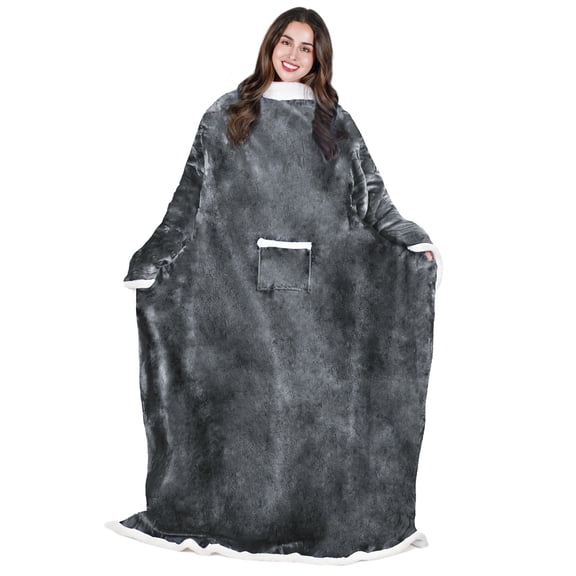 Tirrinia Sherpa Wearable Blanket, Ultra Soft Comfy Warm Plush Full Body Throw with Sleeves, Reading Wrap, TV Blanket, Robe Cover for Grandma, Women, and Men, Grey