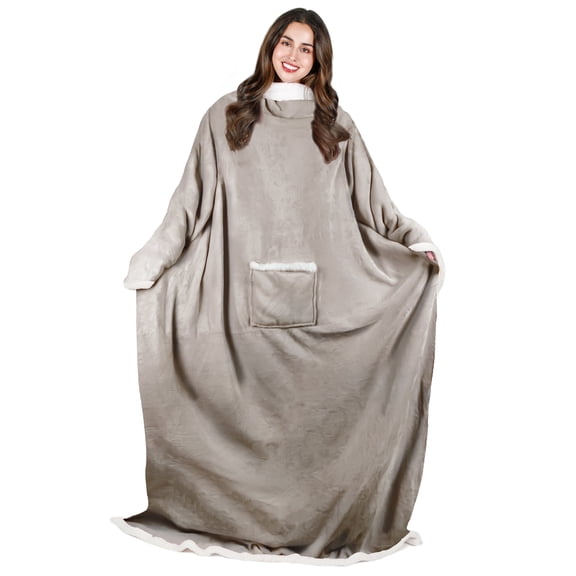 Tirrinia Sherpa Wearable Blanket Ultra Soft Comfy Warm Plush Full Body Throw with Sleeves, Reading Wrap TV Blankets Robe Cover for Adult Grandma Women and Men, Camel