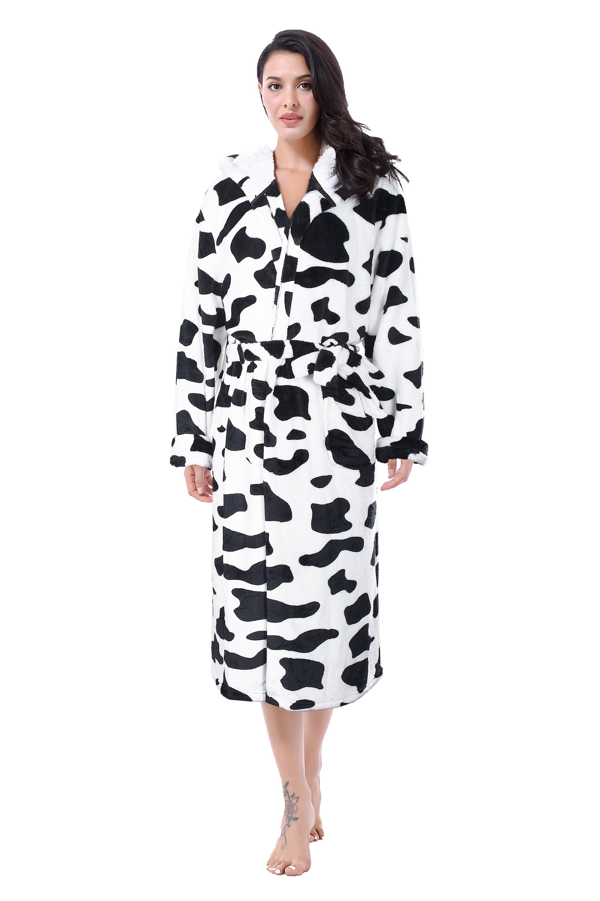 Dalmation Print Hooded Fleece Long Bathrobe