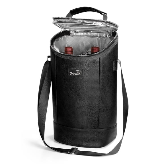 Tirrinia Waterproof Leather Wine Gift Tote Carrier - Leakproof & Insulated Large Pocket Wine Cooler Bag for Travel, Tasting, Party, Christmas Gift for Wine Lover, Black